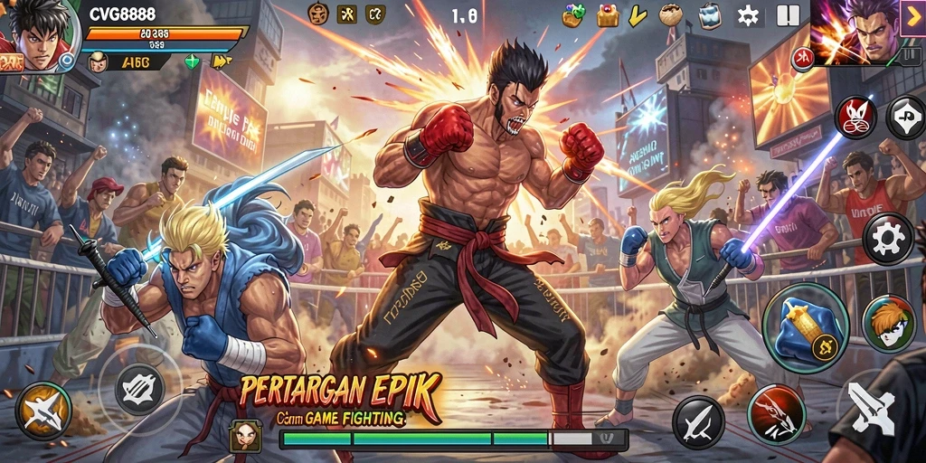 Tangkapan layar utama gameplay CVG8888 yang menunjukkan aksi pertarungan seru.