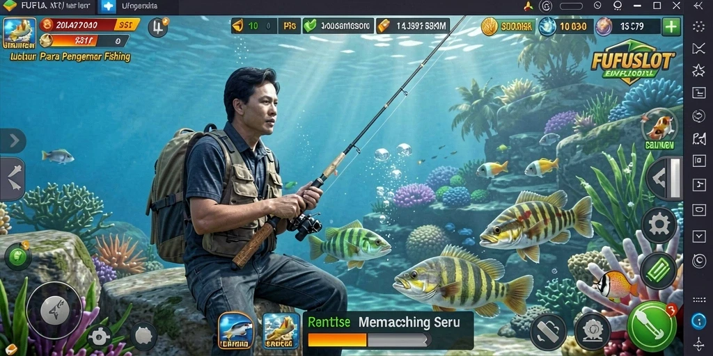 Tampilan gameplay FUFUSLOT saat menangkap ikan di danau yang indah.