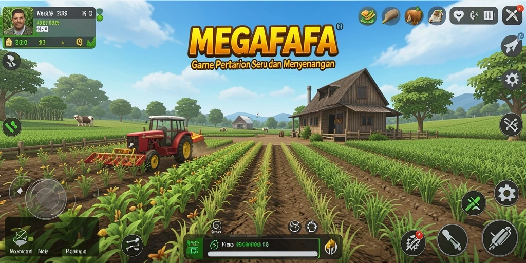 Tangkapan layar gameplay <strong>MEGAFAFA</strong> menampilkan suasana pertanian yang asri dan aktivitas menarik.