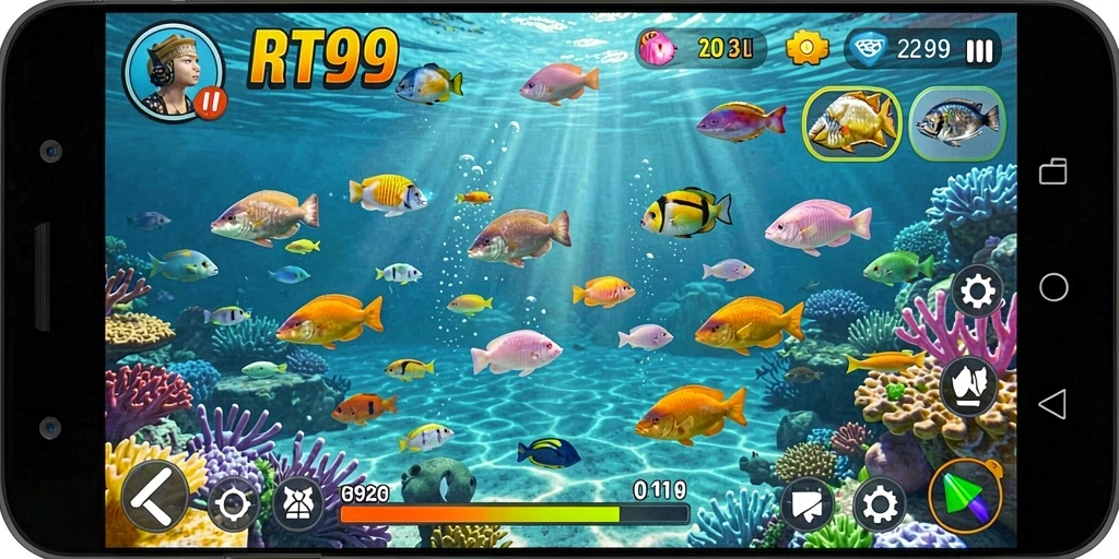 Screenshot menunjukkan pemain menangkap ikan dalam permainan Tembak Ikan.